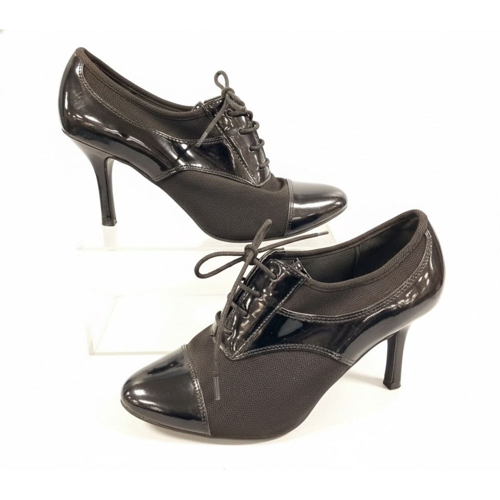 Flawed Gem! Impo Blk Patent Leather Fabric Stiletto Heels Booties Retro 8M Lae